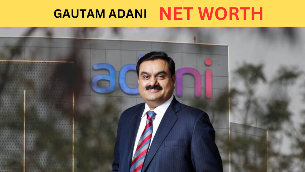 A photo of Gautam Adani with a graph showing his rising net worth in the background