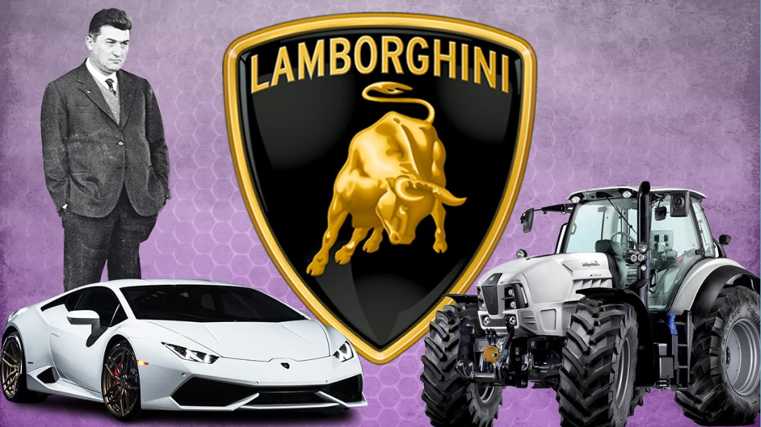 A historical image of a Lamborghini tractor next to a modern Lamborghini sports car.